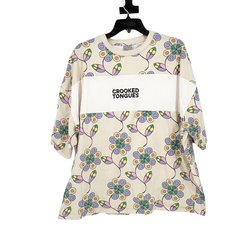 Crooked Tongues Unisex Oversized T-shirt With Flower Graphic In Ecru Print